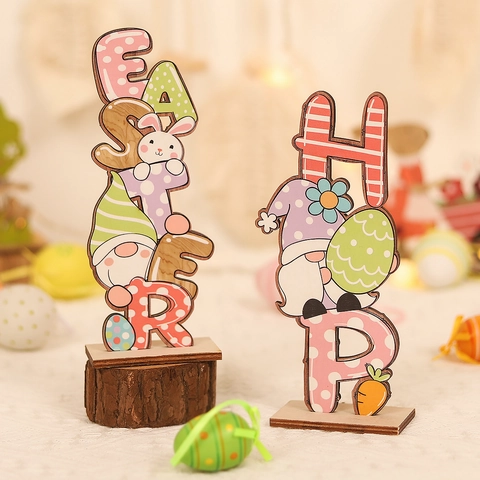 Décoration de Table de Pâques en Bois Nain Lapin Lettre Ornement Panneau en Bois Peint Pour Maison Fête Fournitures