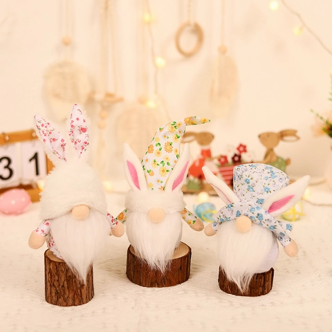 Poupée en Peluche Gnome de Lapin de Pâques Ornement de Lapin sans Visage Floral Rustique pour Décoration de Table