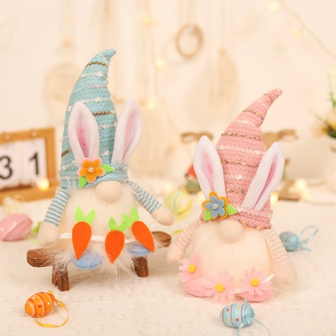 Gnome de Pâques Lumineux Avec Oreilles de Lapin Chapeau Tricoté Ornement en Peluche LED pour Décoration de Table Lapin Carotte Maison