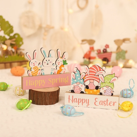 Enseigne de Table en Bois Joyeuses Pâques Ornement de Bureau Lapin et Gnome pour Décoration de Maison et Fête