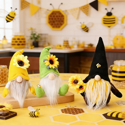 Handmade Bee Sunflower Gnome Plush Doll Nordic Tomte Figurine Ornament For Home Kitchen Party Table Seasonal Decoration