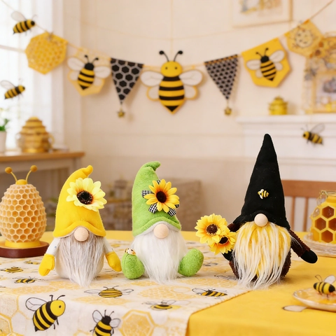 Handmade Bee Sunflower Gnome Plush Doll Nordic Tomte Figurine Ornament For Home Kitchen Party Table Seasonal Decoration
