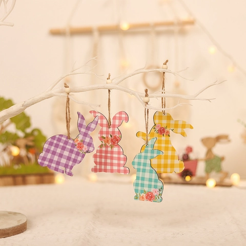 Checkered Wooden Rabbit Hanging Pendant With Lattice Gingham Pattern And Floral Design For Easter Party Home Decor Hanging Bunny Decor