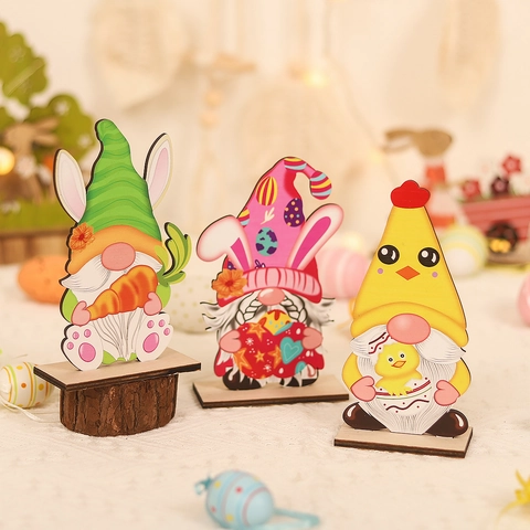 Décorations de Table en Bois de Pâques Gnome Dessin Animé Mignon Oreilles de Lapin avec Carotte Poussin Enseigne en Bois MDF Décoration Maison