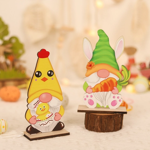 Décorations de Table en Bois de Pâques Gnome Dessin Animé Mignon Oreilles de Lapin avec Carotte Poussin Enseigne en Bois MDF Décoration Maison