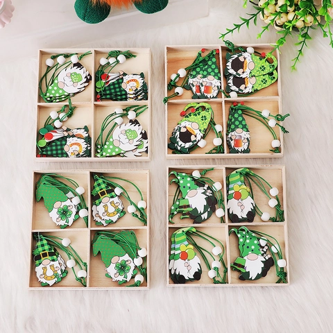 St Patrick Day Wood Gnome Ornaments Green Shamrock Horseshoe Wooden Pendant Irish Festival Hanging Decoration For Home Party