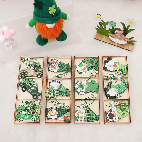 St. Patrick's Day Wooden Gnome Ornaments Green Truck Clover Wood Hanging Decorations For Home Party Luck Irish Festival Decor