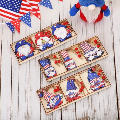 Unabhängigkeitstag Holz Zwerg Hängende Dekorationen Patriotische Stars Stripes Ornamente Mit Holzbox Für 4. Juli Home Party Deko