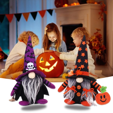 Halloween Gnom Plüschpuppe Dekoration Mit Zaubererhut Langem Bart Kürbis Totenkopf Fledermaus Mustern Für Party Tischdeko