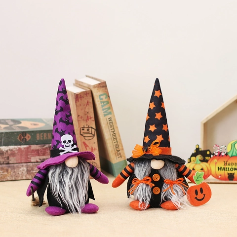 Halloween Gnom Plüschpuppe Dekoration Mit Zaubererhut Langem Bart Kürbis Totenkopf Fledermaus Mustern Für Party Tischdeko