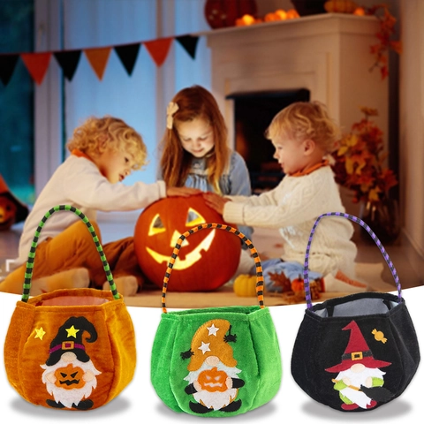 Borsa Tote per Caramelle Gnomo Cartoon Halloween Tessuto in Velluto Dorato Decorazione per Feste Cesto Regalo per Bambini