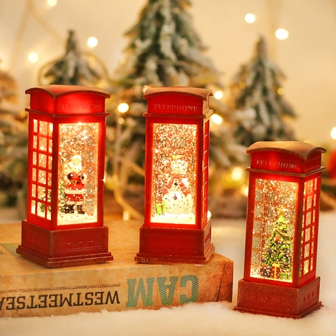 Weihnachten Telefonzelle LED Laterne Wassergefüllt Glitzer Weihnachtsmann Schneemann Weihnachtsbaum Batteriebetrieben Retro Rot Feiertag Tischdeko Geschenk