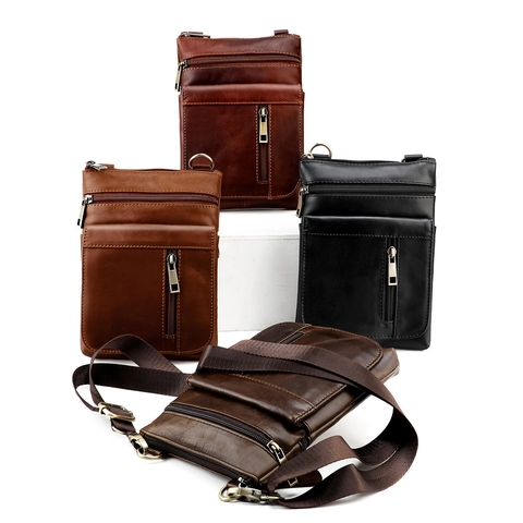 Borsa a Tracolla Vintage da Uomo in Vera Pelle di Vacca Con Tasche Multiple Piccola Borsa a Spalla Business Casual Borsello