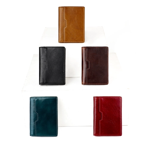 Porta Carte di Credito Vintage in Vera Pelle Crazy Horse Per Uomo Donna Protezione RFID Linguetta Sottile Portafoglio