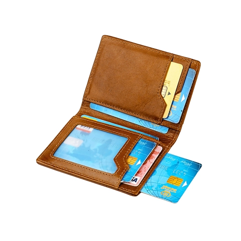 Porta Carte di Credito Vintage in Vera Pelle Crazy Horse Per Uomo Donna Protezione RFID Linguetta Sottile Portafoglio