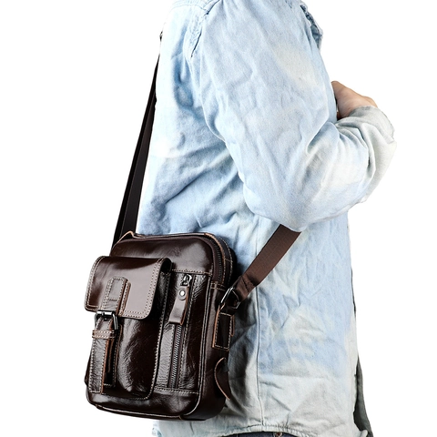 Men's Genuine Leather Crossbody Bag Vintage Cowhide Shoulder Bag Small Vertical Messenger Bag For Business Travel Outdoor