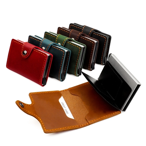 Vintage Genuine Cowhide Leather RFID Blocking Card Holder Automatic Pop Up Aluminum Credit Card Case With Buckle For Unisex
