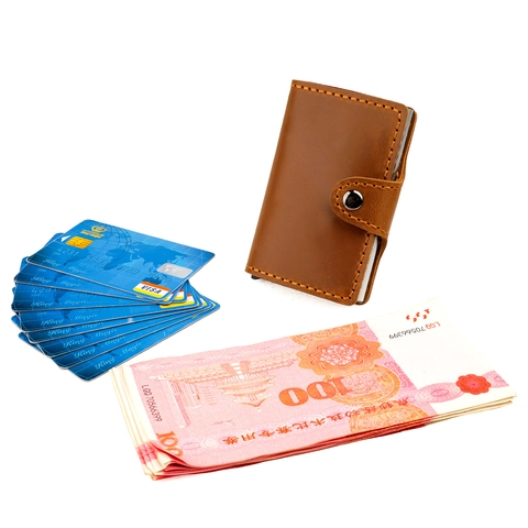Vintage Genuine Cowhide Leather RFID Blocking Card Holder Automatic Pop Up Aluminum Credit Card Case With Buckle For Unisex