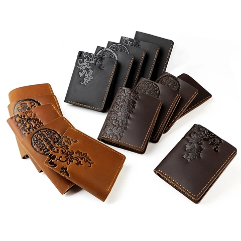 Retro Genuine Cowhide Leather Men's Bifold Wallet RFID Protection Multi Card Slot Embossed Floral Tiger Pattern Wallet