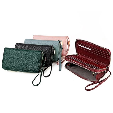 Portafoglio Donna Doppia Cerniera Vera Pelle Di Vacchetta Blocco RFID Grande Capacità Pochette Polso Porta Cellulare Motivo Granuloso