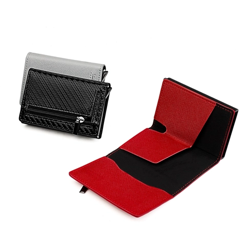 Portacarte Automatico con Blocco RFID in Pelle di Vacchetta Portafoglio Trifold Con Tasca con Cerniera Fermasoldi Fibra di Carbonio