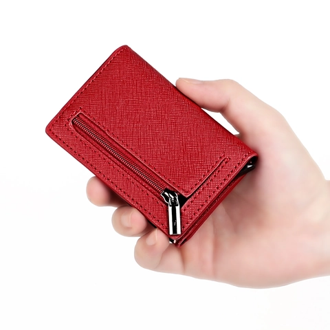 Portacarte Automatico con Blocco RFID in Pelle di Vacchetta Portafoglio Trifold Con Tasca con Cerniera Fermasoldi Fibra di Carbonio