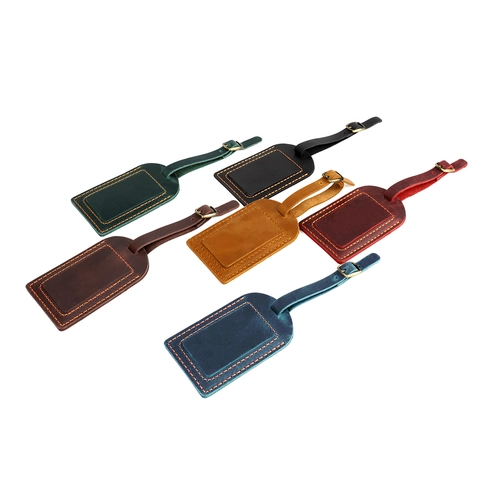 Luggage Tag Genuine Cowhide Leather Retro Travel Identifier Hand Stitched Handcrafted Adjustable Buckle Privacy ID Name Card Case For Suitcase Bag