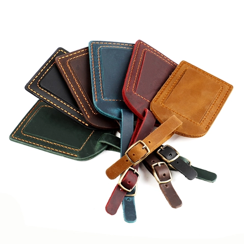 Luggage Tag Genuine Cowhide Leather Retro Travel Identifier Hand Stitched Handcrafted Adjustable Buckle Privacy ID Name Card Case For Suitcase Bag