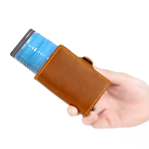 Porte-Cartes Automatique Pop-Up en Cuir de Vachette Vintage avec Blocage RFID Étui en Aluminium Portefeuille Minimaliste pour Hommes Femmes
