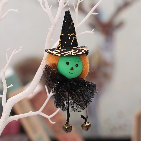 Halloween Witch Ghost Pumpkin Skeleton Hanging Doll Ornament Set With Mesh And Bells For Home Party Decor