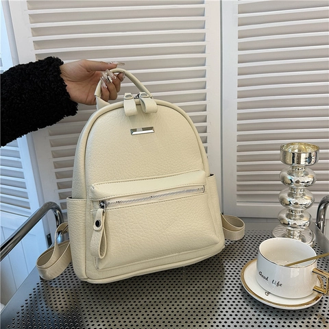 Women Fashion PU Leather Backpack Lychee Texture School Bag Silver Hardware Casual Travel Rucksack Ladies Daypack