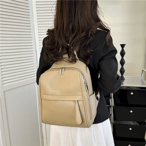 Mochila De Cuero PU De Moda Para Mujer Textura De Litchi Informal Conmutar Bolso De Viaje Pequeño Cremallera Plateada