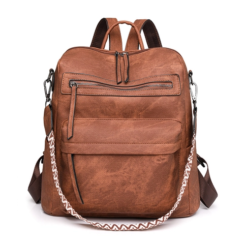Women PU Leather Backpack Vintage Large Capacity Water Washed Travel Bag With Removable Woven Strap Anti Theft Multi Pocket