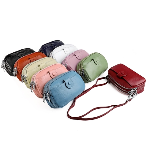 Genuine Leather Crossbody Bag For Women First Layer Cowhide Mobile Phone Bag With RFID Protection Multi Layer Zipper Bag