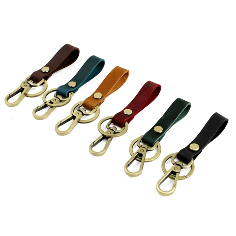 Retro Genuine Cowhide Leather Keychain For Car Keys Vintage Handmade Key Ring With Zinc Alloy Snap Hook