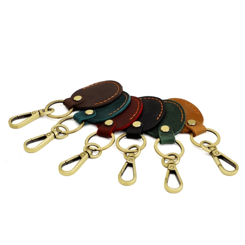 Vintage Genuine Leather Keychain Access Card Cover Protective Case For AirTag With Zinc Alloy Spring Hook For Men Women