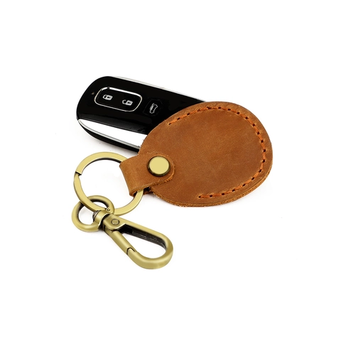 Vintage Genuine Leather Keychain Access Card Cover Protective Case For AirTag With Zinc Alloy Spring Hook For Men Women