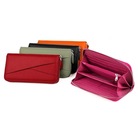 Echtleder Geldbörse Lang Für Damen RFID Schutz Große Kapazität Reißverschluss Clutch Portemonnaie Litschimuster Business