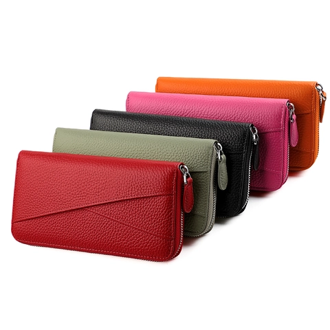 Echtleder Geldbörse Lang Für Damen RFID Schutz Große Kapazität Reißverschluss Clutch Portemonnaie Litschimuster Business