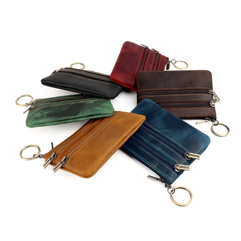 Vintage Echtes Rindsleder Münzbeutel Für Herren Damen Retro 3 Reißverschlüsse RFID Blockierung Kartenhalter Mit Metallring