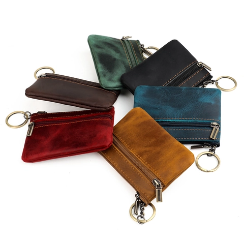 Retro Genuine Cowhide Leather Coin Purse Double Zipper Card Holder Key Ring Wallet For Men Women Vintage Small Pouch