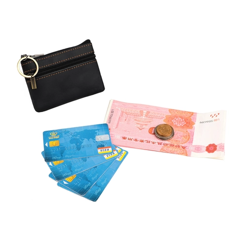 Retro Genuine Cowhide Leather Coin Purse Double Zipper Card Holder Key Ring Wallet For Men Women Vintage Small Pouch