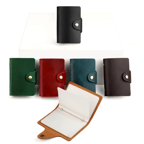 Vintage Genuine Leather Card Holder Crazy Horse Cowhide RFID Blocking Multi Slot Bank Card Wallet With Snap Button