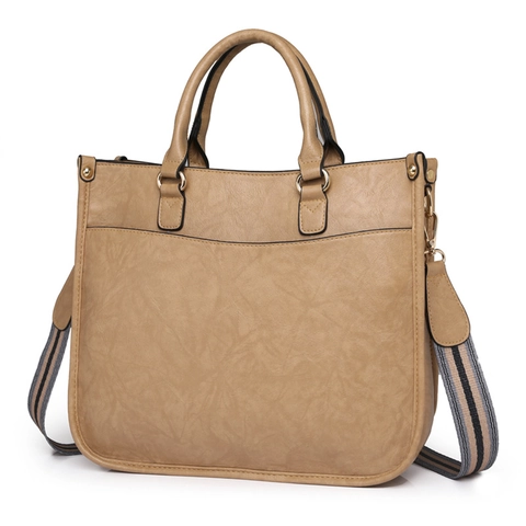 Textured PU Leather Tote Bag For Women With Wide Striped Strap Multi Pocket Retro Casual Large Capacity Handbag