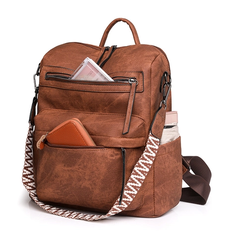 Women PU Leather Backpack Vintage Large Capacity Water Washed Travel Bag With Removable Woven Strap Anti Theft Multi Pocket