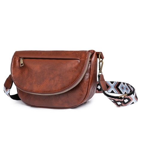 Retro PU Leather Half Moon Crossbody Bag With Geometric Pattern Wide Strap Casual Simple Shoulder Chest Purse For Women