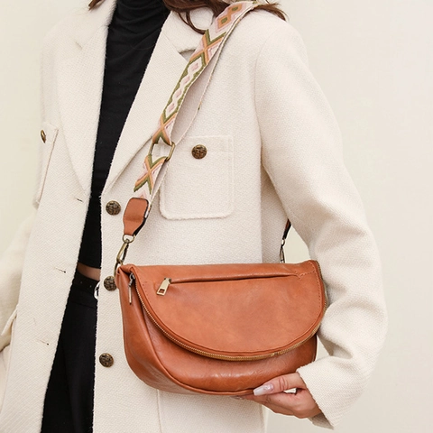 Retro PU Leather Half Moon Crossbody Bag With Geometric Pattern Wide Strap Casual Simple Shoulder Chest Purse For Women