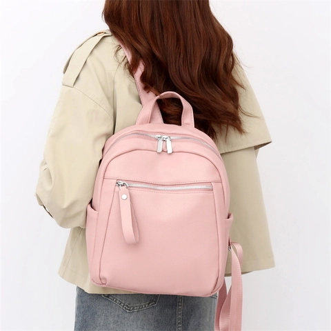 Fashion Women Backpack Litchi Texture PU Leather Casual Commuter Travel Bag With Silver Zipper Functional Soft Surface