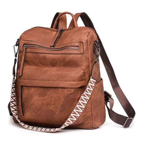 Zaino Vintage in Pelle PU da Donna Grande Capacità Borsa da Viaggio Multitasche Con Tracolla Intrecciata Geometrica Etnica