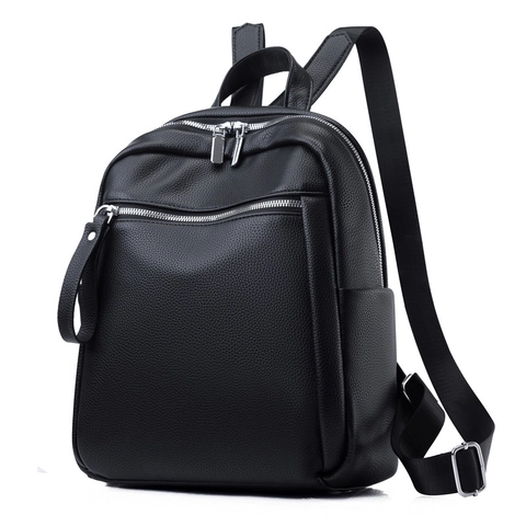 Fashion Women Backpack Litchi Texture PU Leather Casual Commuter Travel Bag With Silver Zipper Functional Soft Surface